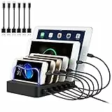 PRITEK USB Ladestation für Mehrere Geräte 6 Port USB Multi Ladestation Handy USB Ladegerät Dockingstation für Mobiltelefon Tablet MP4 und andere USB-fähige Geräte 6 Kurze Kabel Inkl. (Schwarz)