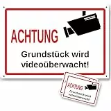 Hochwertiges Set Videoüberwacht Schild mit Aufkleber | Stabiles Videoüberwachung Schild 20 x 30 cm auf 3mm Hartschaumplatte mit Bohrlöchern| Hinweisschild Privatgrundstück nach DSGVO