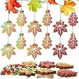 DKINY 30 Stück Ahornblatt Anhänger Holz, Herbstblätter Deko mit Glocke und Handseil, Herbst Blatt Holzanhänger, Ahornblätter Holzhänger, Herbst Hängende Deko für Fenster Tür Herbstzeit Thanksgiving