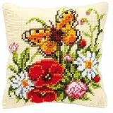 Vervaco Kreuzstich Stickpackungen Kissen Stickerei Set Anfänger Vorgedruckt Blumen mit Schmetterling DIY Set Kreativ Set Für Erwachseneca. 40 x 40 cm Bastelset Handwerker Haus Dekoration