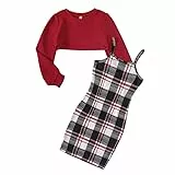 Naiyafly 2-teiliges Mädchen-Outfit, langärmeliges Crop-Top und Cami-Kleid-Set, Teenager-Mädchen-Pullover-Sweatshirt + figurbetontes Kleid mit Schmetterlings-/Karomuster