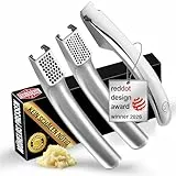 Knoblauchpresse Edelstahl Set mit 2 Aufsätzen | Knoblauch Presse für Knoblauchpaste & Stücke | Garlic Press für Knoblauch & Ingwer (kein Schälen notwendig) | Spülmaschinenfest Lebenszeit-Garantie
