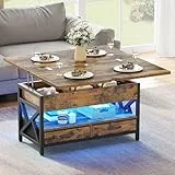 YITAHOME Couchtisch Höhenverstellbar, Wohnzimmertisch mit Schublade und LED, Couchtische mit Verstecktem, Kaffeetisch Fach Umwandelbar in Esstisch 90X50X51.5CM