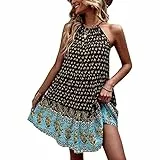 Damen Kleider Sommer Böhmen Blumendruck kurzes Kleider Swing Strandkleider Rückenfreies ärmellos hohe Taille Neckholder Kleid Minikleid Sommerkleider Freizeitkleid für Alltag Freizeit(m-Schwarz)