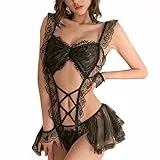 KONFEN Damen Erotik Dessous Set, Sexy Durchsichtige Schleife Spitze Strappy Maid Uniform Babydoll Dessous, Einstellbare Verführerische Unterwäsche Offener Bodysuit BH und Slip Set, Einheitsgröße