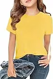 Haloumoning T-Shirt Mädchen Sommer Kurzarm Tops Kinder Tshirts Einfarbige Casual Sport Rundhalsausschnitt Tees Oberteile Gelb 140