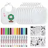 OVAS HOO 10er Set Baby Lätzchen zum Bemalen, Bemalen Babyparty, Bemalen Kurzarm Baby Body,12 Farbige Stifte für Kinder und 6 Malvorlagen, Bodys zum Bemalen für Babyparty Babyshower Spiele
