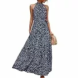 GOTOTOP Frauen Neckholder Boho Langes Kleid ?rmellos Atmungsaktiv Druckmuster Sommer Lange Sexy Kleider(XL-K?nigsblau)