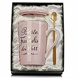 Beste Freundin Geschenke für Frauen, Beste Freundin der Welt Tasse - Geburtstagsgeschenk Geschenk für Freundinnen Geburtstag, 400 ml Rosa Freundschaft Becher mit Deckel, Löffel, Karte, Geschenkbox