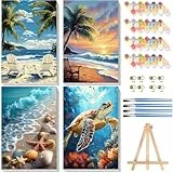 Pujeknm 4 Stück Malen nach Zahlen Erwachsene mit Rahmen - Holzstaffelei, Strand Malen nach Zahlen auf Leinwand, DIY Meeresschildkröte Acryl Ölmalerei Kits mit Pinseln für Home Wall Decor, 20x30 cm