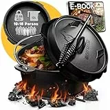 IRON TASTE Dutch Oven Set 12L - Eingebrannter Dutch Oven 12 Liter - Feuertopf Gusseiserner Topf mit praktischem Deckelheber & Edelstahl Untersetzer [für 10-16 Personen]