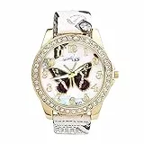 JSDDE Damen Armbanduhr Schmetterling Muster mit Strass Analog Quarz Armbanduhr Elegant Damenuhr PU-Lederband Uhr