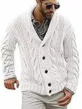 Herren-Strickjacke mit Zopfmuster, Schalkragen, lockere Passform, langärmelig, lässige Strickjacke, Weiss/opulenter Garten, L
