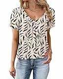 WNEEDU Tshirt Damen Sommer - Basic T-Shirt mit V-Ausschnitt Plissiertes Frontmieder Kurzarm Oberteile Casual Lockere Bluse Aprikosenfarbene Schwarze Blätter XL
