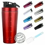 ZAKVOP 750 ml shaker edelstahl, protein shaker edelstahl, Eiweiß Shaker, Eiweiss Bottle, shaker metall, BPA Free/Leak-Proof/Premium Edelstahl, Wasserflasche with Scale - for Clump Free Shakes - Rot
