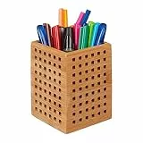 Relaxdays Stiftköcher Bambus, Stiftebecher Schreibtisch, Landhausstil, HxBxT: 11,5 x 9 x 9 cm, Stiftehalter, natur