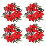 NNXHWY 4 Stück Weihnachtskerzenringe, Kranz, Weihnachtsstern-Blumenkerzenkranz, Weihnachtskerzenhalter, Kerzenringe für Stumpenkerzen mit Stechpalmenblättern, Dekorative Kerzenringe,