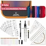 CALCUSO GEOMETRIE SET PRO in orangener Federmappe/Federmäppchen mit Zirkel und Geodreieck - Praktisches Mäppchen für Schule, Uni, Büro und Zeichnungen - Ideal als Geometrie-Set für die Schule