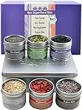 direct&friendly | Bio Superfood Geschenkset | Aronia, Chia, Goji, Kakao Nibs, Granatapfel, Moringa | 296g | 6 Dosen plus 1 Geschenkdose