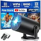 Smart Mini Beamer 1080P Unterstützt, Tragbarer Projektor AKIYO O2 mit WiFi 6 und Bluetooth 5.4, Beamer Klein mit 180° Drehbar und Auto Keystone, Kompatibel mit HDMI/Smartphone/USB/Laptop/PS5, Schwarz