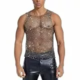 FYMNSI Herren Strass Mesh Top Männer Fishnet Tank Tops Strasssteine Netztop Transparent Oberteile Muskelshirt Glänzende Ärmellose Muskel Casual T-Shirt Workout Rave Sheer Weste Schwarz Strass L
