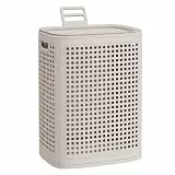 SONGMICS Wäschekorb mit Deckel, Wäschesammler Plastik, 75 L, Wäschetonne schmal, Wäschebox platzsparend, für Badezimmer, Waschküche, Schlafzimmer, cappuccinobeige RLH021L101