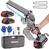 Mini Kettensäge mit Akku - Aokia 6 Zoll Akku Kettensäge mit 2 Akkus und 3 Ketten,880W,Sicherheitsverriegelung, Handsäge mit Akku für Gartenscheren Astschere Holzschneidenz