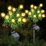 Qoosea Solarleuchten für Garten Außen, 2 Stück LED Gardenie Blume Solarlampe, IP65 Wasserdicht Gartenleuchten, Deko für Garten, Zäune, Hochzeit, Party Dekoration Beleuchtung (Warmweiß)