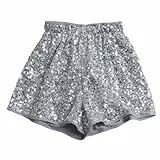 Generisch Glitzer Shorts Damen Pailletten Hose mit Elastischem Bund Glitzerhose Sexy High Waist Kurze Hose Elegant Pailettenhose Party Outfit Karneval Kostüm Silber M