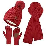 Bequemer Laden Damen Winter Warm Mütze Lang Schal Touchscreen Handschuhe Set, Wintermütze Beanie Strickmütze mit Bommel Schals rutschfeste Winterhandschuhe mit Fleece Gefütterte Geschenk Frauen, Rot