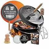 GUSSKÖNIG Dutch Oven Set-Eingebrannter Dutch Oven 9L [6-10 Person]-Feuertopf Gusseisen ohne Füßen-Schmortopf Doppelfunktion-2in1 Deckelheber,Untersetzer,Bürste,DutchOven Rezeptbuch-30 Jahre Garantie