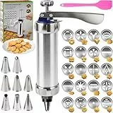 YIYICO Gebäckpresse für Spritzgebäck Presse Kekspresse Edelstahl Keksmaschine Teigspritze Gebäckspritze mit 20 Schablonen 8 Edelstahl Tüllen Plätzchenpresse für Kuchen Dessert DIY Maker Cookie Presse