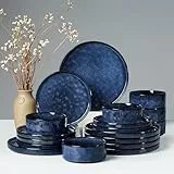 Joyfair Geschirrset 6 Personen, 18-tlg Steingut Geschirr Set, Reaktive Glasur Teller Set mit Speiseteller, Dessertteller und Müslischalen, Mikrowellen- & Spülmaschinenfest, Tiefes Sternenblau