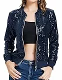 KANCY KOLE Damen-Bomber-Blazer mit Pailletten, langärmelig, Reißverschluss vorne, Party-Bomberblazer, mit Taschen, S-2XL, Marineblau, XX-Large