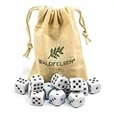 Waldfelsen 6, 12, 20, 30 oder 50 hochqualitative Würfel Standardgröße 16 mm Acrylwürfel Knobel Spielwürfel Dice 6-seitig sechsseitig Spielzubehör Set mit Stoffbeutel (Weiß, 12 Stück)