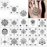 Qpout 18 Blätter schwarz temporäre Tattoos, wasserdicht Fake Tattoo Kits für Frauen Mädchen, Lotus Mandala Blume Tattoo Aufkleber Hals Brust Arm