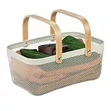 Relaxdays Drahtkorb mit Henkel, eckig, Aufbewahrungskorb Metall & Holz, Utensilienkorb für Küche, Bad, Wohnzimmer, weiß