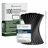 Greenland 100 Wiederverwendbare Trinkhalme mit Bürste - Perfekt für Cocktails, Milch, Saft, Tee (100 Schwarze Cocktailstrohhalmen)