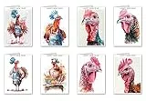 Frohe Neujahrskarten, mattes Weiß, Aquarell, lustige Tierkunst, 8 Grußkarten und 8 Umschläge, Größe (A6, 105 x 148 mm, 10,4 x 14,7 cm) (Domestic Truthahn, Bauernhof, Tier, Zahnarzt, Haushalt,