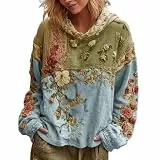 Hoodie Damen Blumenmuster Kapuzenpullover Frauen Rundhals Pullover Sweatshirt mit Kapuze Loose Fit Freizeit Sport Langarmshirt Casual Pulli Streetwear,Blau,L