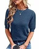 Runcati Damen Kurzarm Strickpullover Casual Rundhals Puffärmel Elegante Einfarbige Sweateshirt Pullover,Dunkelblau,S