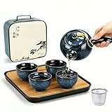 DUJUST Chinesische Gongfu-Teeset, glasierte Porzellan-Set mit 1 Teekanne, 4 Tassen & 1 Teetablett, tragbar mit Tasche für Reisen, Geschenke & Outdoor, dunkelblau