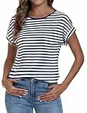 Terecey Damen T-Shirt Kurzarm Streifen Shirt Rundhal Ausschnitt Casual Slim Fit Gestreift Tshirt Sommer Tops Marineblau XL