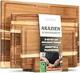 EDELHAUS Schneidebrett Holz 3er Set (40x30cm / 33x24cm / 26x18cm) Holzschneidebrett aus Massiver Akazie - 2cm dicke Holzbretter Küche mit Saftrille - Design Cutting Board Schneidbrett Set