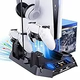 Benazcap PS5 Standfuß mit Lüfter, PS5 Zubehör für PlayStation 5 Konsole mit Dual Controller Ladestation, PS5 Ständer mit Headset Halterung und 8 Spiele Slots - Schwarz