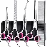 Gimars Professionele 4CR Roestvrij Staal 6 in 1 Verzorgingsschaar voor Honden met Veiligheids Rond Uiteinde, Zware Titanium Gecoate Verzorgingsschaar voor Honden, Katten en Andere Dieren PINK
