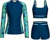 Kate Kasin 3-Teiliges Damen Badeanzug Set Langarm Reißverschluss Rashguard Sport-BH Badehose Schwimmanzug UV-Schutz Pfauenblaugrünes Blatt XXL