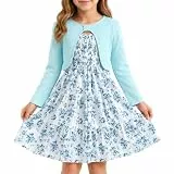 Winmany Kleid für kleine Mädchen mit Blumenmuster und Strickjacke ärmelloses Sommerkleid und Langarm-Schulterjäckchen-Sets Frühjahr Herbst Kleidung (DE/NL/SE/PL, Alter, 9 Jahre, Regular, Blau)