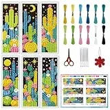 INFUNLY 6 Stück Dunkles Kaktus Kreuzstich Lesezeichen Set für Anfänger DIY Kaktus Hain Stickerei Lesezeichen Set Nacht Pflanzen Nähset mit Anleitung Einfaches Kreuzstich Kit für Buchliebhaber Leser