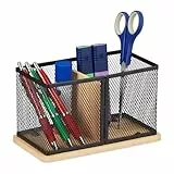 Relaxdays Stiftehalter, Bambus & Mesh, HxBxT: 11 x 19 x 10 cm, Stiftebecher für Schreibtisch, Stifthalter, schwarz/Natur